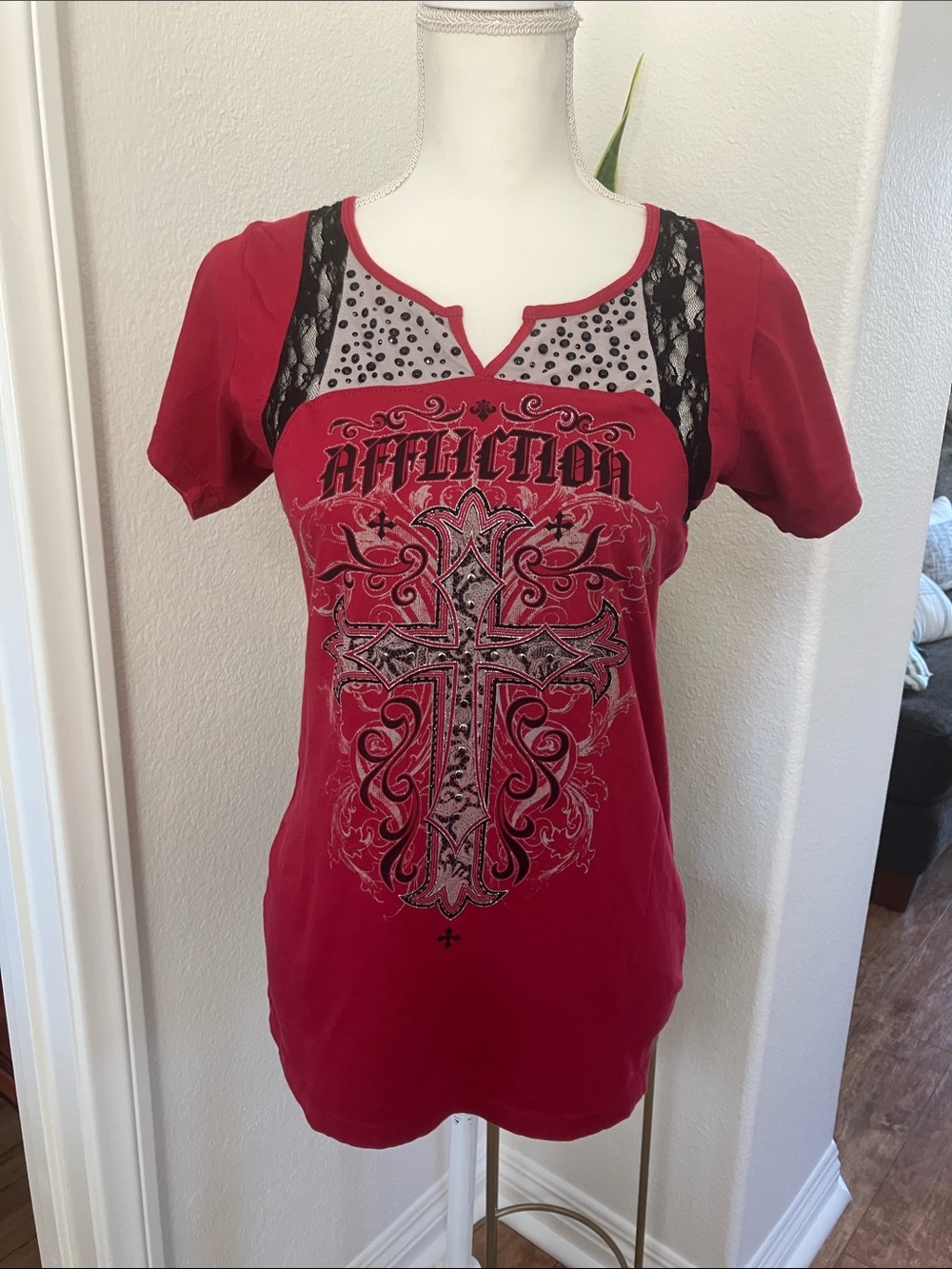 Affliction Red Short-Sleeve Graphic Tee with Black Lace Accents